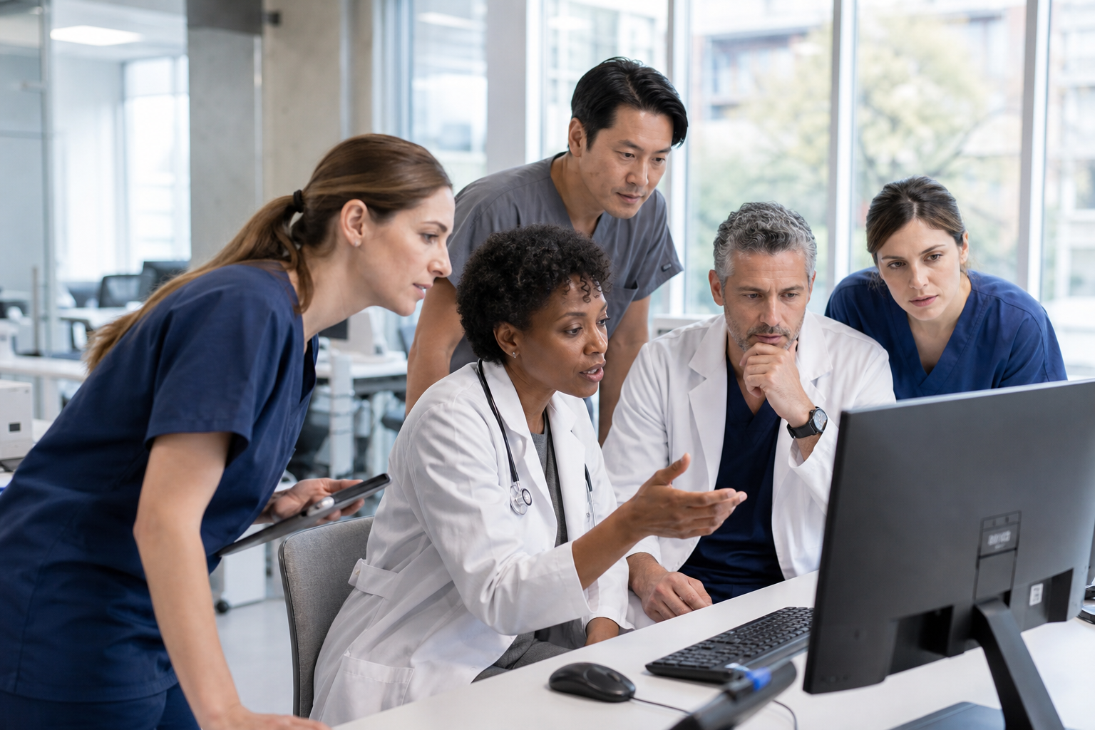 Medical Team Collaborating At Computer